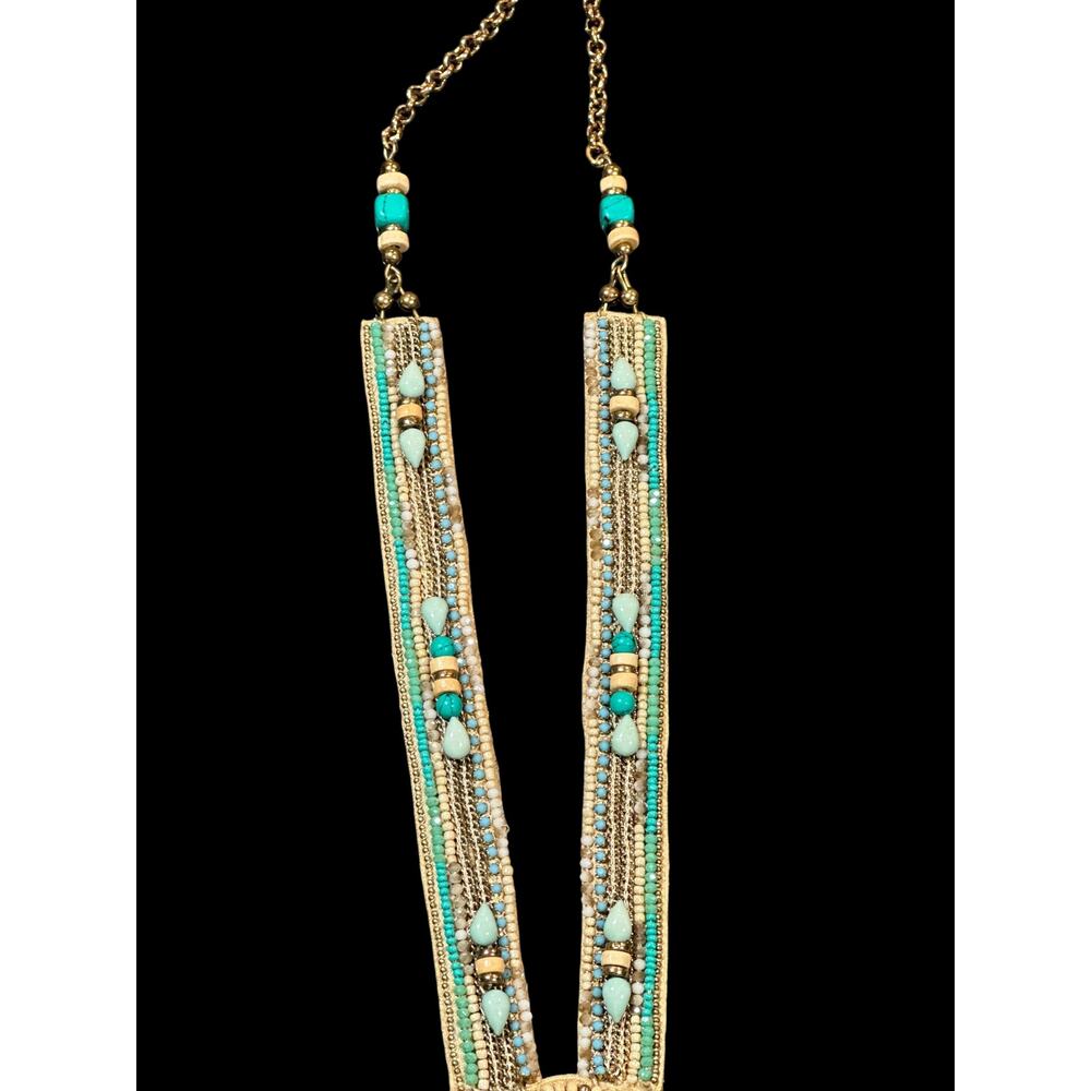 CHICO'S Boho Statement Necklace – Turquoise Fringe Tribal Beaded Medallion - Picture 6 of 13